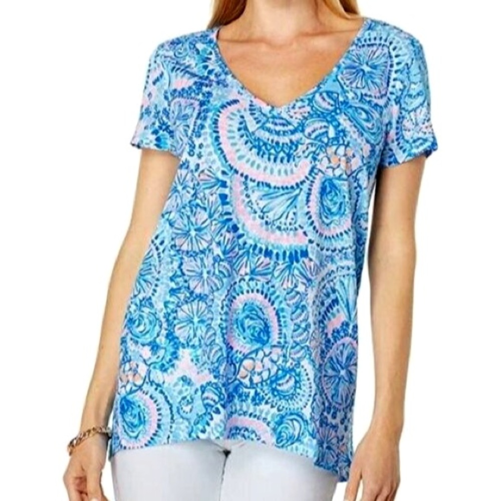 Lilly Pulitzer Etta V Nack Top in Blue Grotto Commotion In The Ocean Sz L